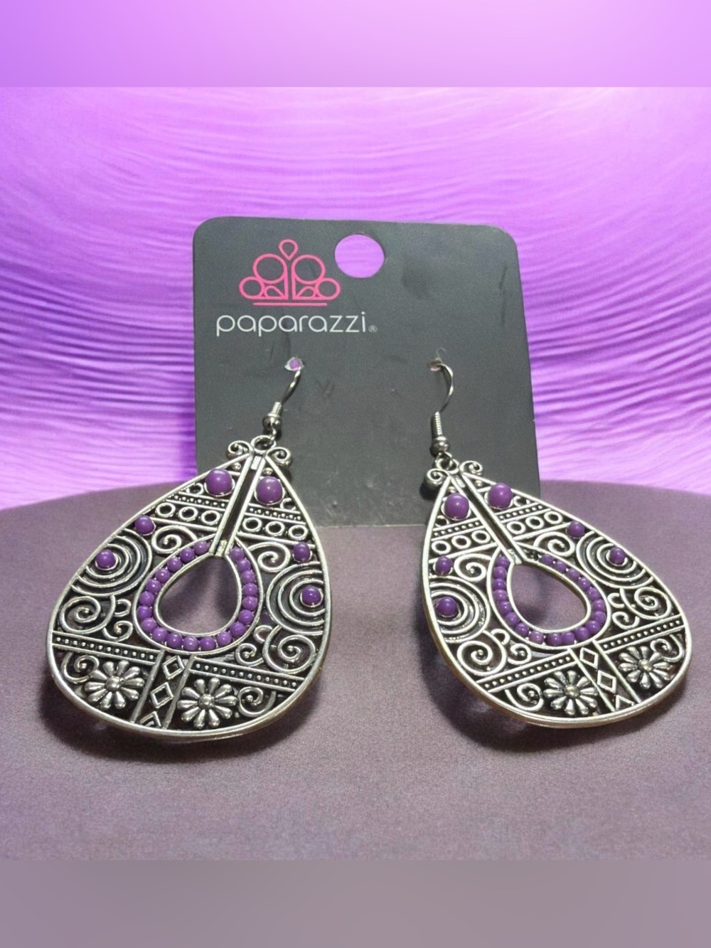paparazzi Silver Filigree Teardrop Earrings with Purple Accents